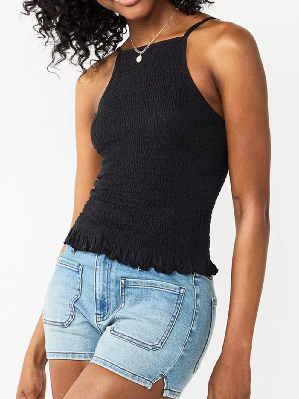 NWT SO Solid Black Smocked Ruffle-Hem High Neck Sleeveless Tank Top